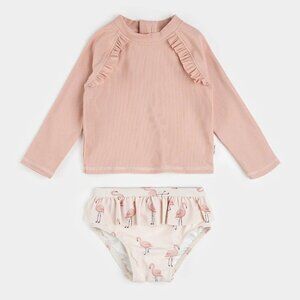 PETIT LEM Ribbed Long-Sleeve Rose Quartz & Flamingos Rashguard Set Size 2